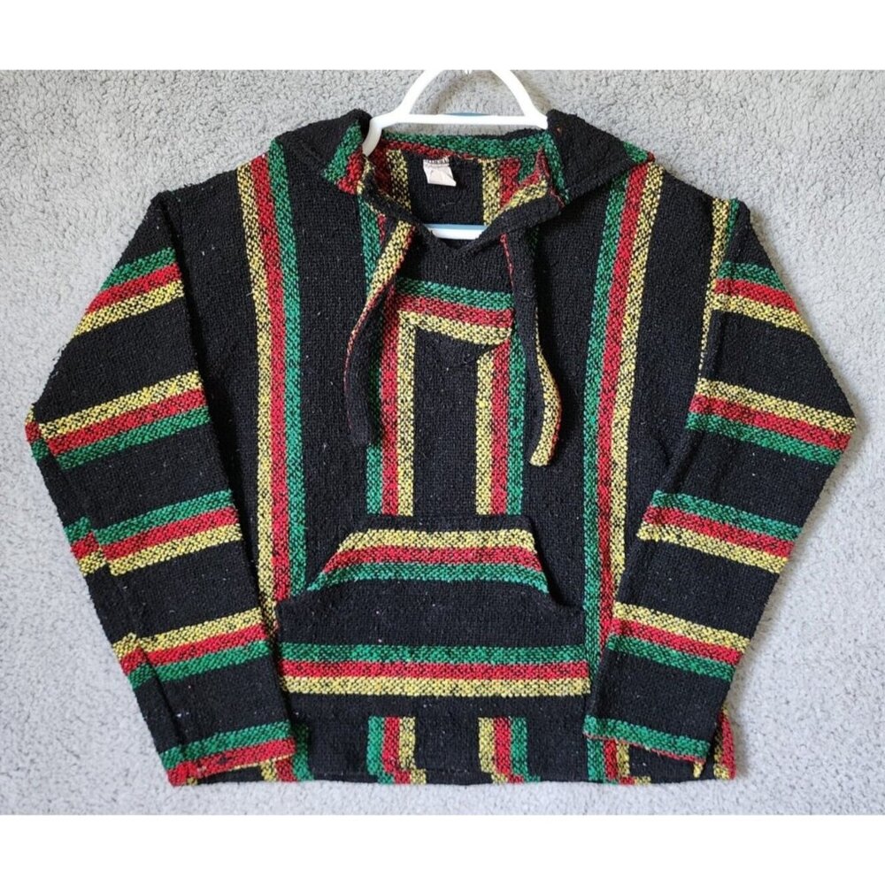 VTG Molina Colorful Baja Mexican Poncho Drug Rug Rasta Sweater Hoodie Size M